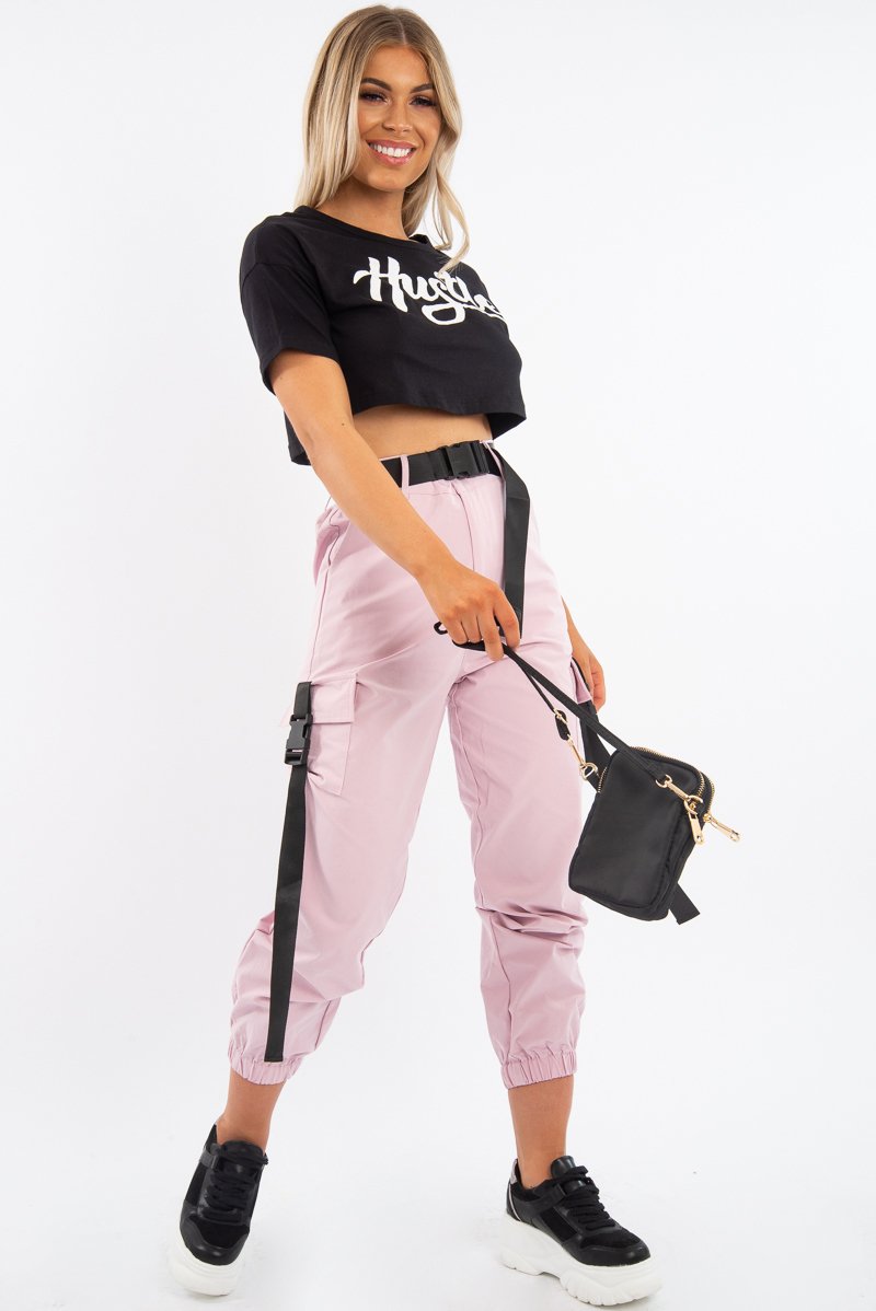 Black White Hustle Slogan Crop T Shirt - Brienna-Crop Tops
