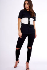 Black & White Lace Up Ribbed T-Shirt - Claudie-Tops