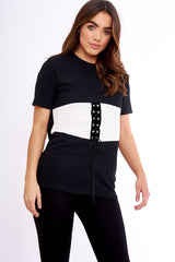 Black & White Lace Up Ribbed T-Shirt - Claudie-Tops
