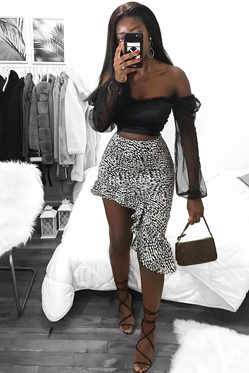 Black White Leopard Print Frilled Hem Midi Skirt - Julia-Skirts