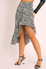 Black White Leopard Print Frilled Hem Midi Skirt - Julia-Skirts