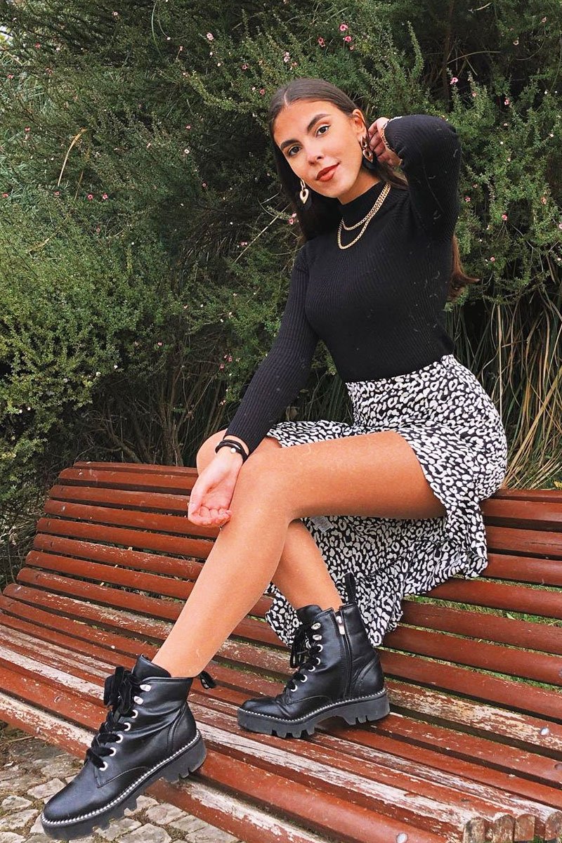 Black White Leopard Print Frilled Hem Midi Skirt - Julia-Skirts