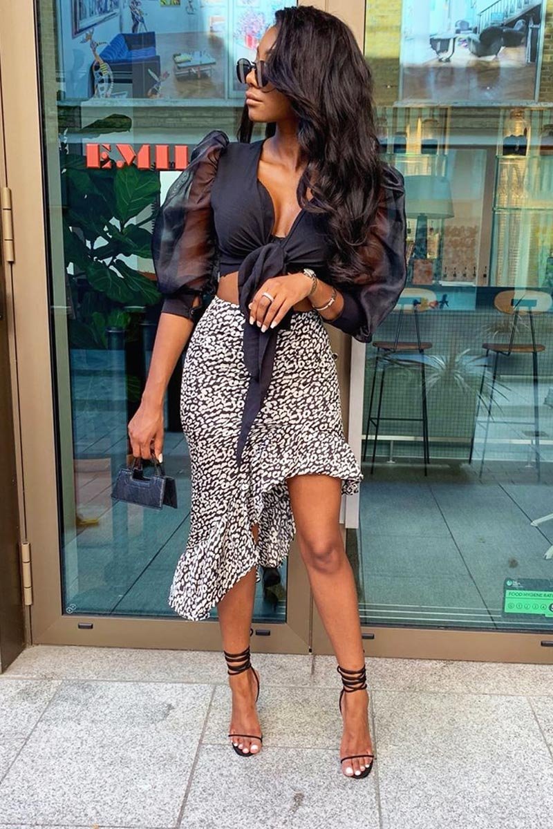 Black White Leopard Print Frilled Hem Midi Skirt - Julia-Skirts