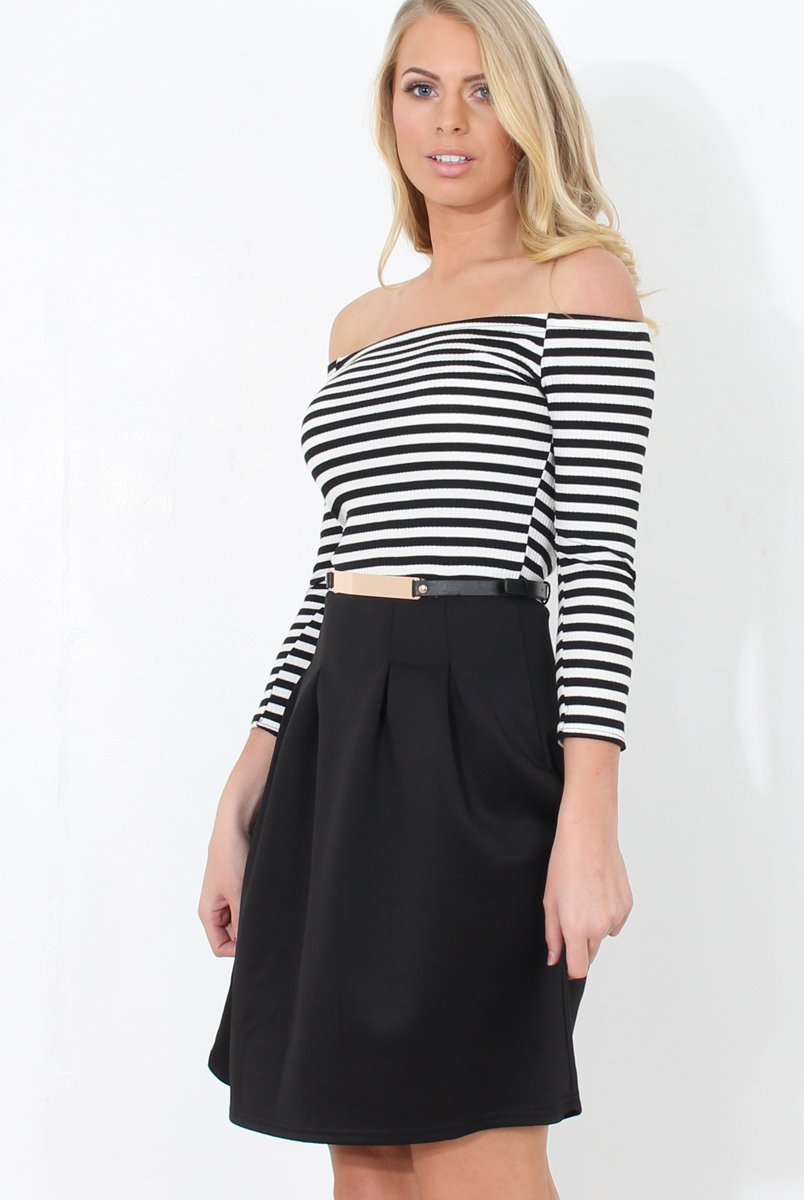 Black & White Off The Shoulder Skater Dress - Jacqui-Dresses