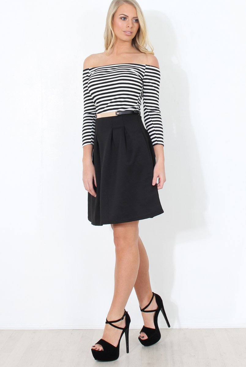 Black & White Off The Shoulder Skater Dress - Jacqui-Dresses