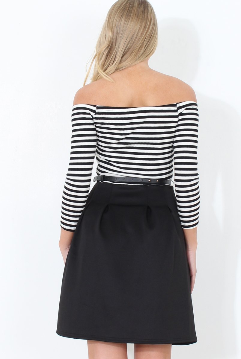 Black & White Off The Shoulder Skater Dress - Jacqui-Dresses