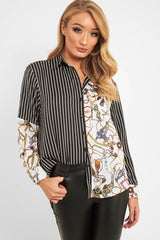 Black White Pinstripe Chain Print Insert Shirt - Georgena-Shirts