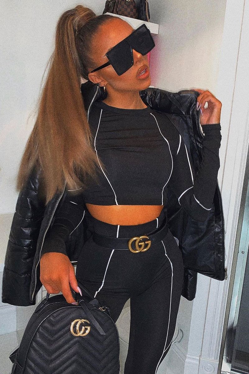 Black White Piped Crop Top Legging Co-ord - Deona-Co-ords