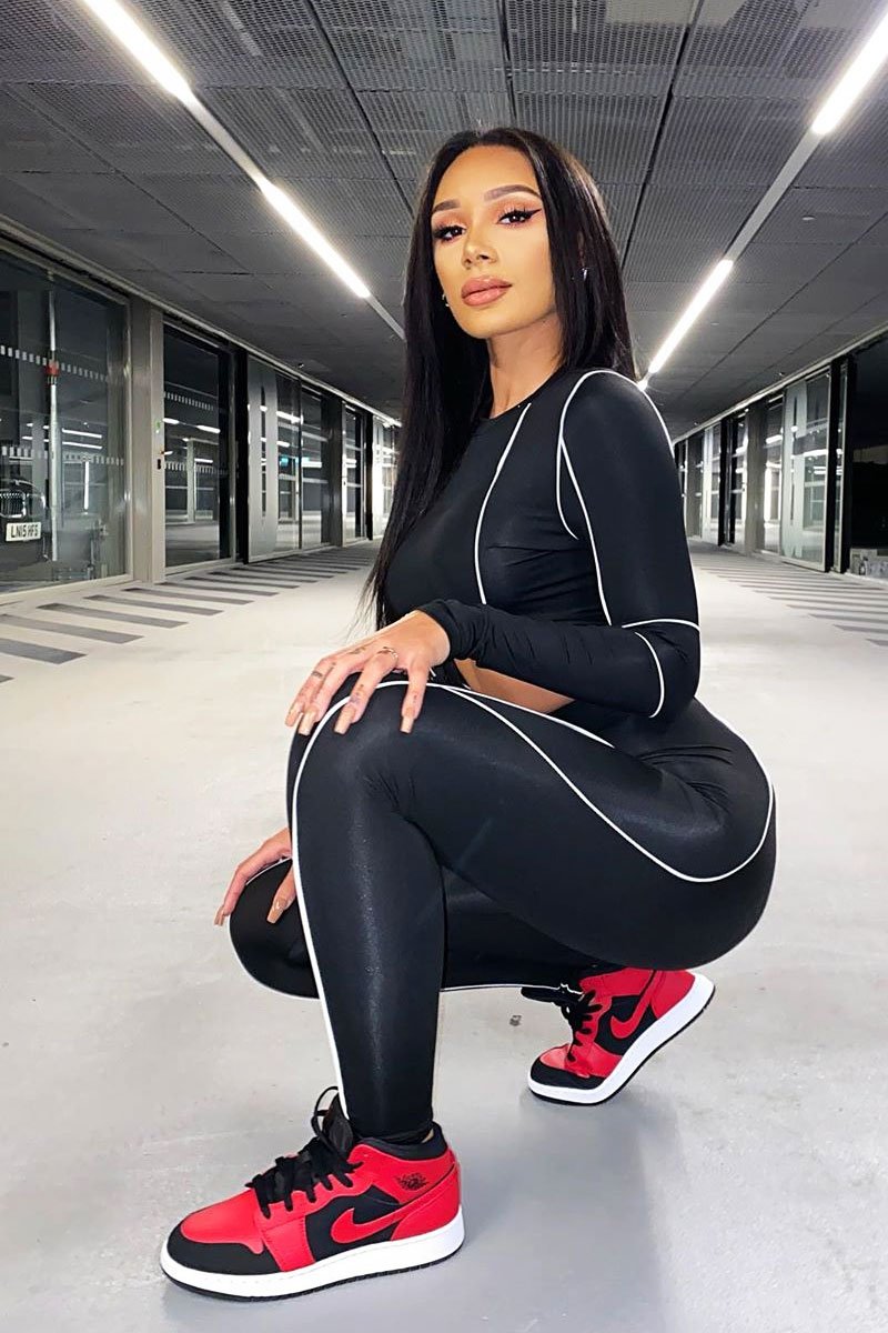 Black White Piped Crop Top Legging Co-ord - Deona-Co-ords