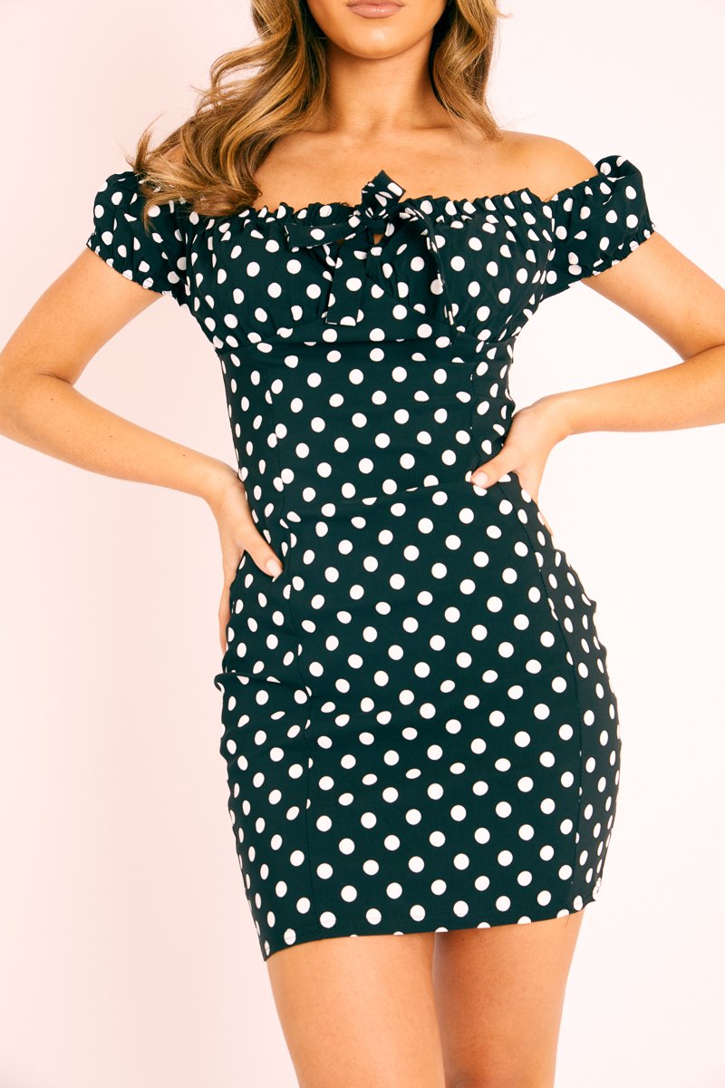Black White Polka Bardot Milkmaid Dress - Roya-Dresses