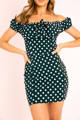 Black White Polka Bardot Milkmaid Dress - Roya-Dresses