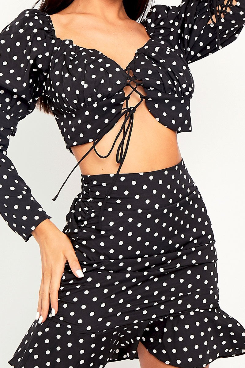 Black White Polka Corset Crop + Skirt Co-ord - Oceana-Co-ords