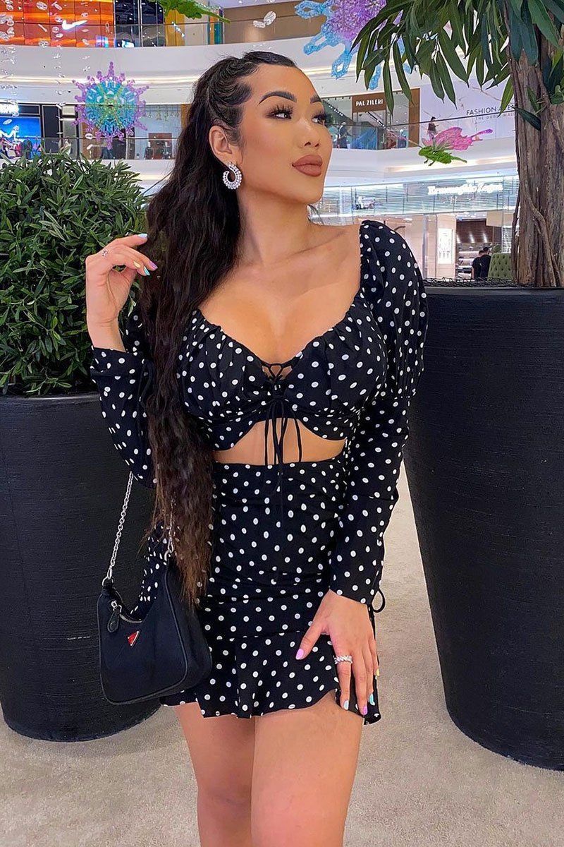 Black White Polka Corset Crop + Skirt Co-ord - Oceana-Co-ords