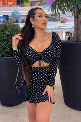 Black White Polka Corset Crop + Skirt Co-ord - Oceana-Co-ords
