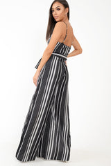 Black White Polka Dot Stripe Mix Plunge Jumpsuit - Jorja-Jumpsuits