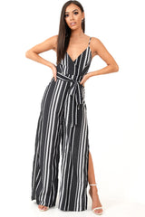 Black White Polka Dot Stripe Mix Plunge Jumpsuit - Jorja-Jumpsuits