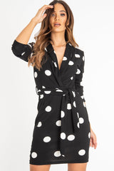 Black White Polka Dot Wrap Front Midi Dress - Daisy-Dresses