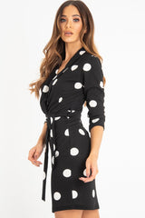 Black White Polka Dot Wrap Front Midi Dress - Daisy-Dresses