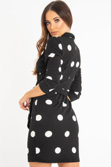 Black White Polka Dot Wrap Front Midi Dress - Daisy-Dresses