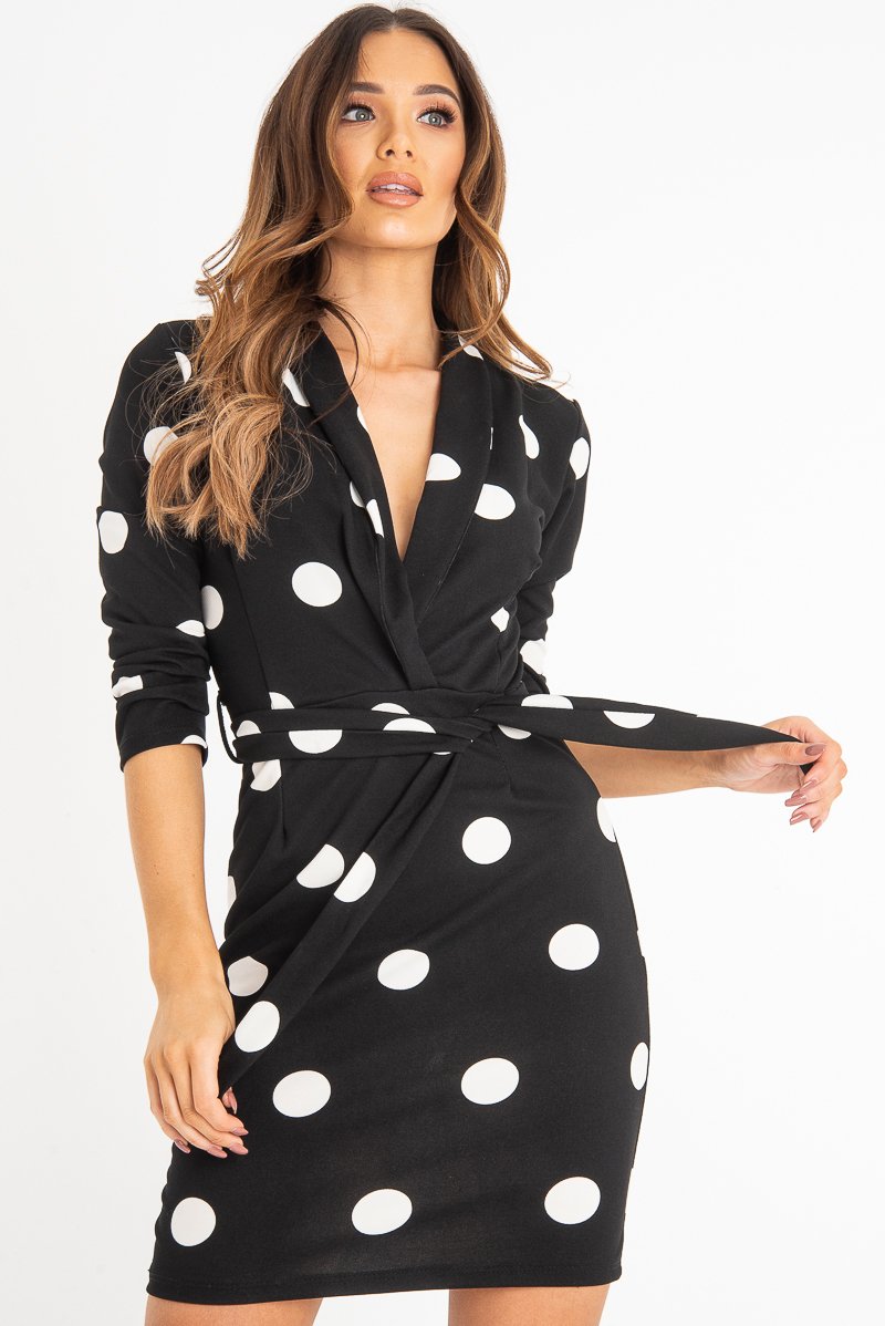 Black White Polka Dot Wrap Front Midi Dress - Daisy-Dresses