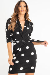 Black White Polka Dot Wrap Front Midi Dress - Daisy-Dresses
