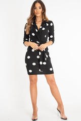 Black White Polka Dot Wrap Front Midi Dress - Daisy-Dresses