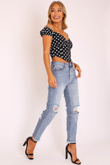 Black White Polka Dot Zip Front Milkmaid Crop Top - Rubie-Crop Tops