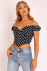 Black White Polka Dot Zip Front Milkmaid Crop Top - Rubie-Crop Tops