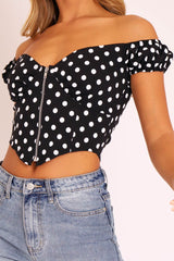 Black White Polka Dot Zip Front Milkmaid Crop Top - Rubie-Crop Tops