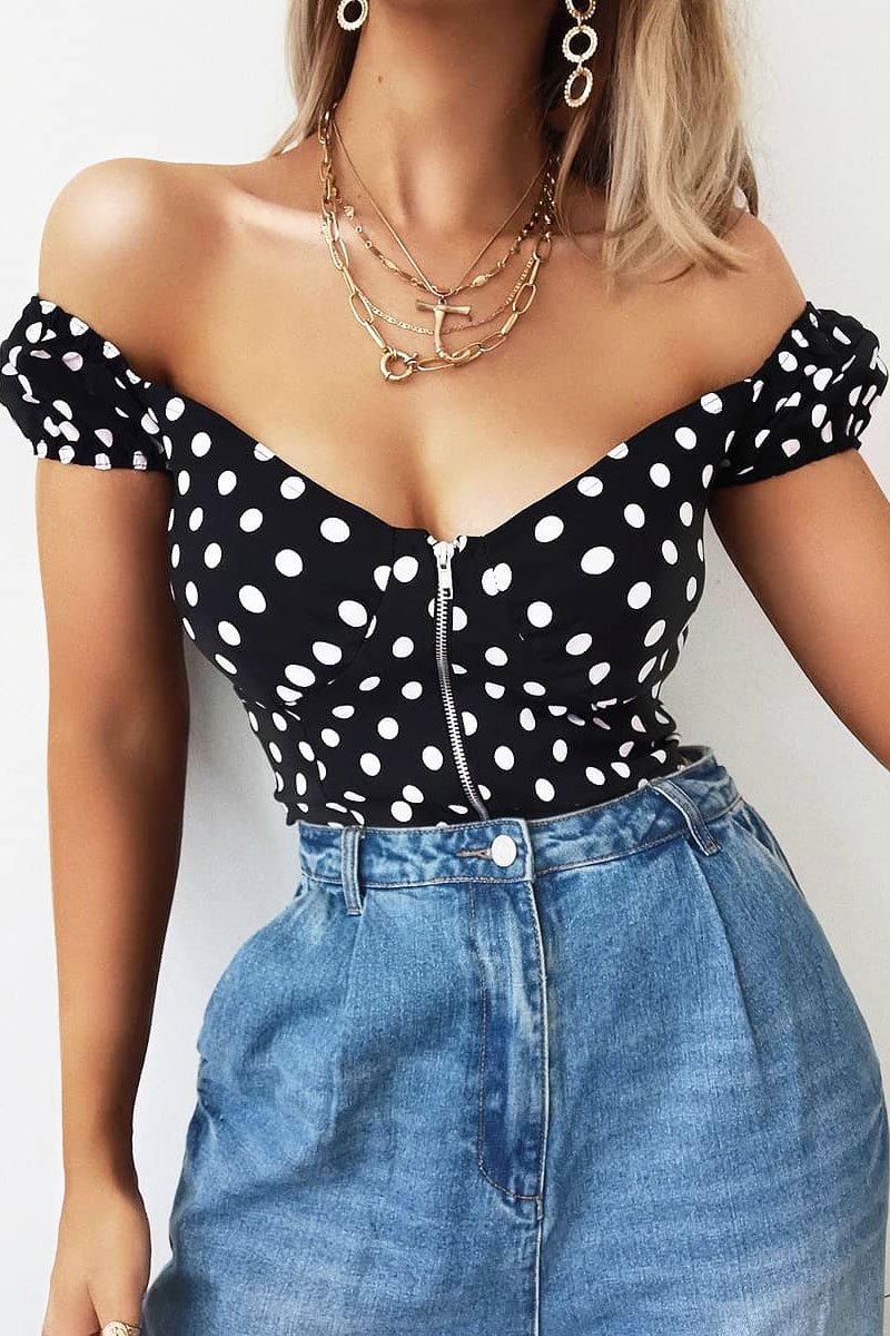 Black White Polka Dot Zip Front Milkmaid Crop Top - Rubie-Crop Tops