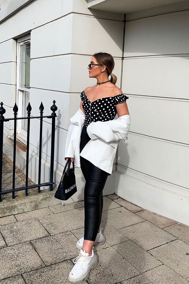 Black White Polka Dot Zip Front Milkmaid Crop Top - Rubie-Crop Tops