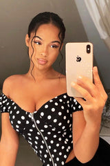 Black White Polka Dot Zip Front Milkmaid Crop Top - Rubie-Crop Tops