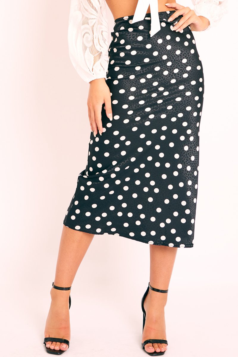 Black White Polka Jacquard Print Satin Midi Skirt - Taija-Skirts