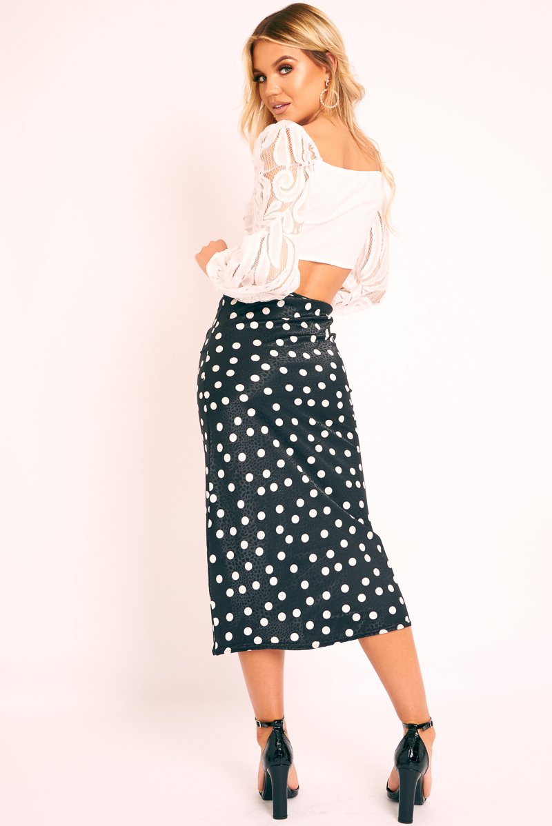 Black White Polka Jacquard Print Satin Midi Skirt - Taija-Skirts