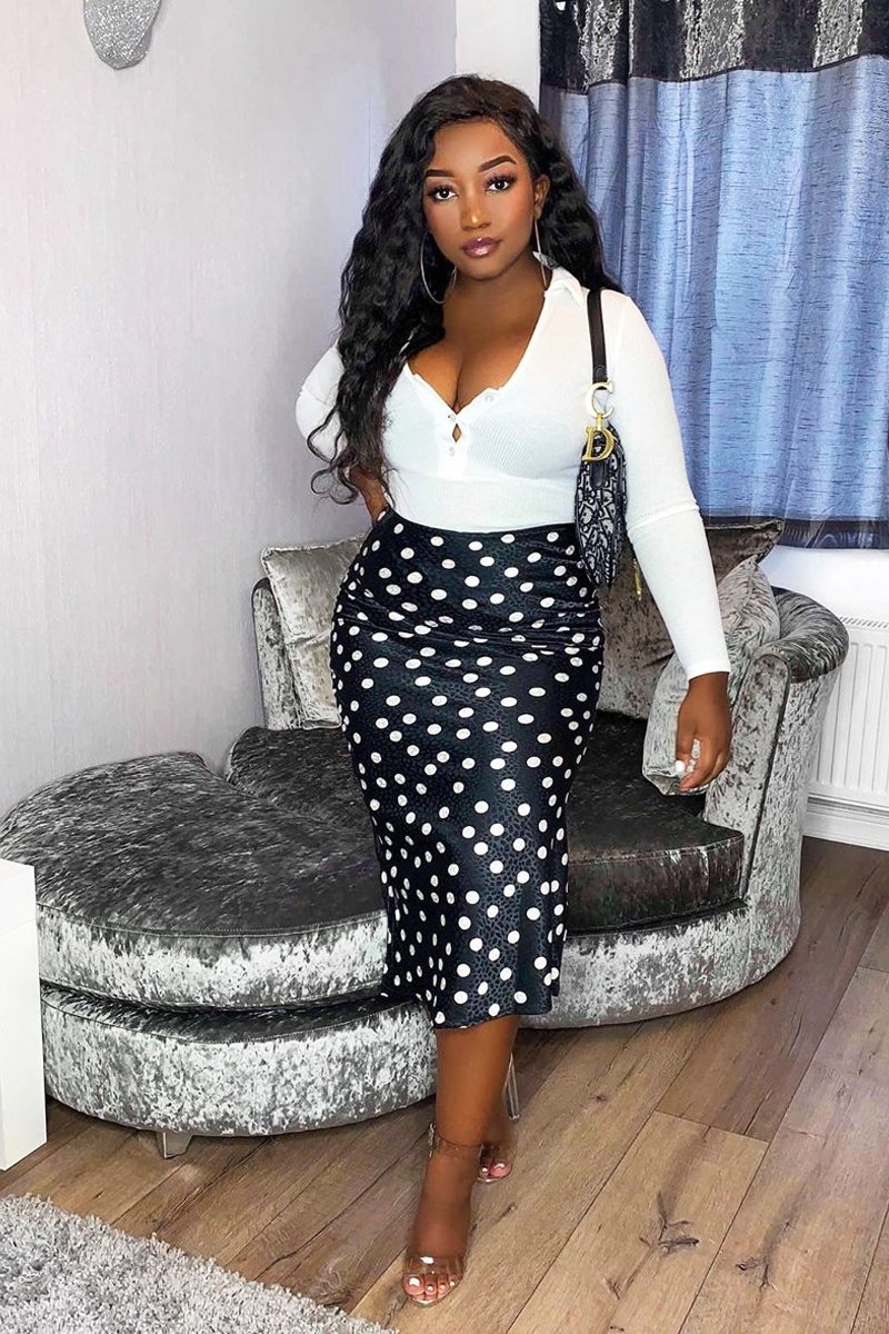 Black White Polka Jacquard Print Satin Midi Skirt - Taija-Skirts