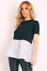 Black White Polka Satin Peplum Hem T-shirt - Zyria-T-shirt