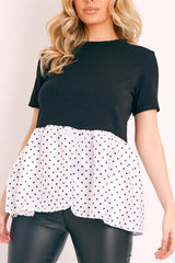 Black White Polka Satin Peplum Hem T-shirt - Zyria-T-shirt