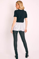 Black White Polka Satin Peplum Hem T-shirt - Zyria-T-shirt