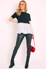 Black White Polka Satin Peplum Hem T-shirt - Zyria-T-shirt