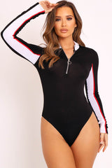 Black White Red Stripe Zip Front Bodysuit - Tyria-Bodysuits