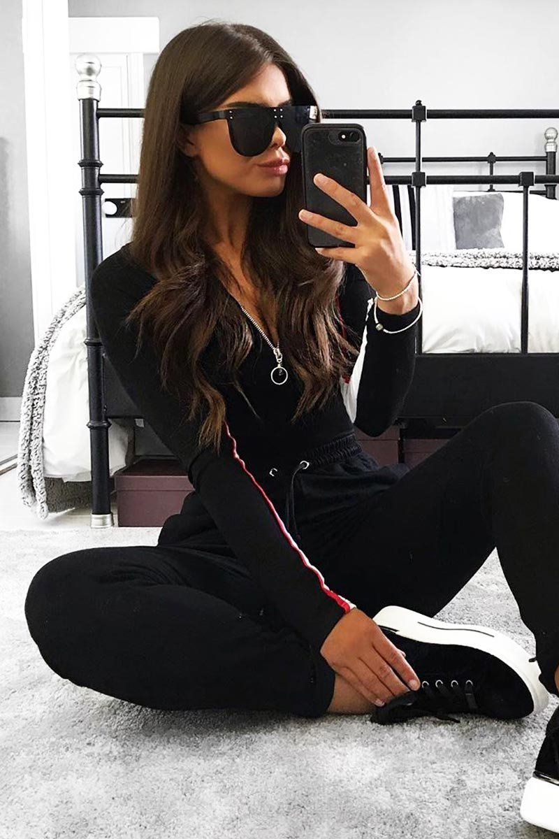 Black White Red Stripe Zip Front Bodysuit - Tyria-Bodysuits