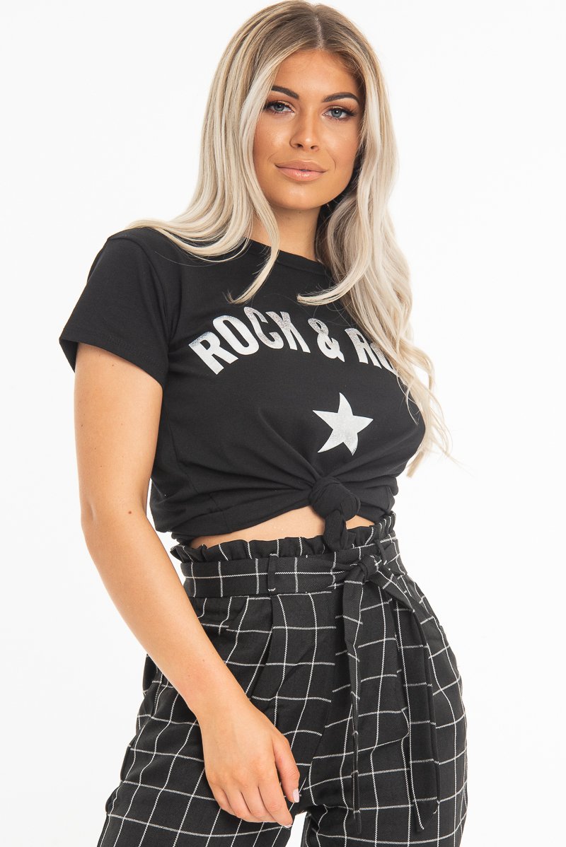 Black White Rock & Roll Slogan T-Shirt - Paylin-T-shirt