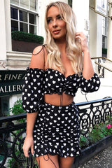Black White Ruched Frill Heart Print Crop Top and Skirt Co-ord - Skyelar-Co-ords