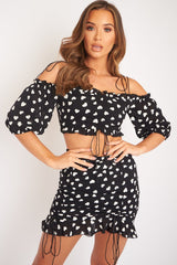 Black White Ruched Frill Heart Print Crop Top and Skirt Co-ord - Skyelar-Co-ords