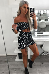 Black White Ruched Frill Heart Print Crop Top and Skirt Co-ord - Skyelar-Co-ords