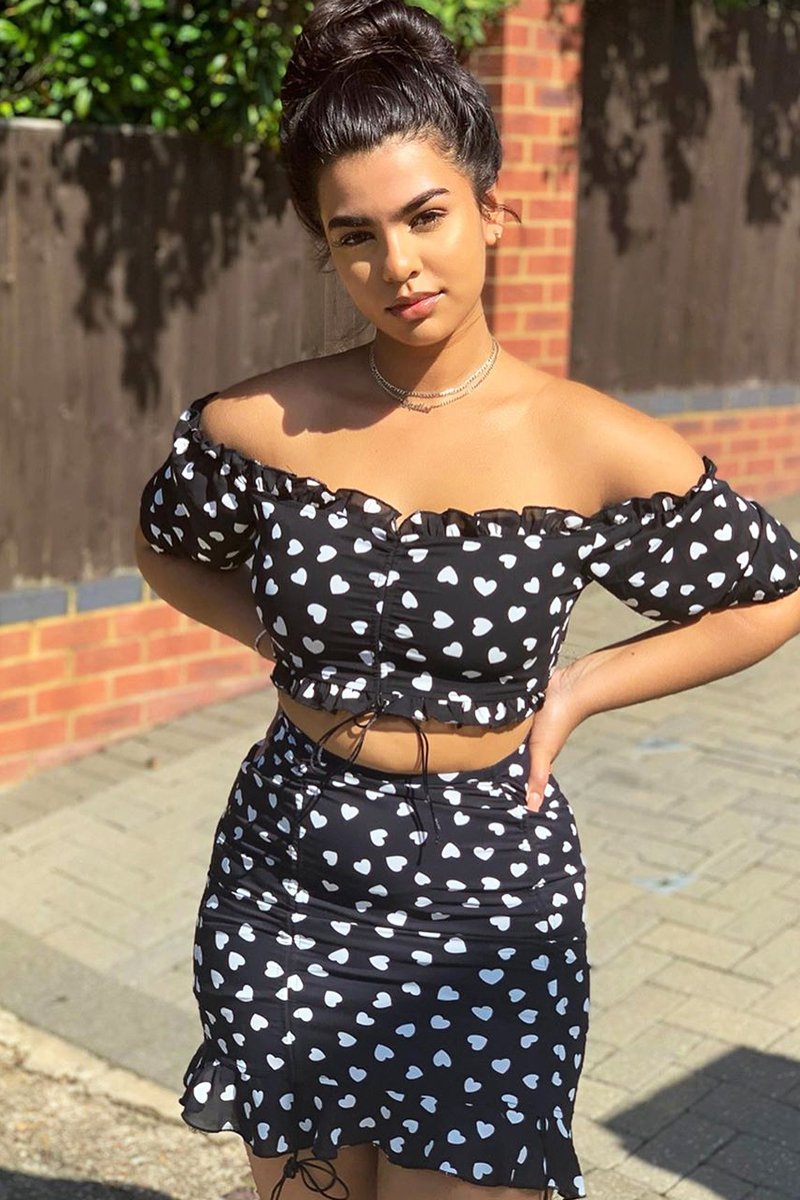 Black White Ruched Frill Heart Print Crop Top and Skirt Co-ord - Skyelar-Co-ords
