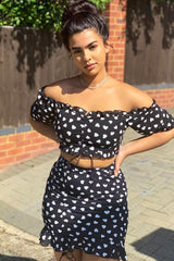 Black White Ruched Frill Heart Print Crop Top and Skirt Co-ord - Skyelar-Co-ords