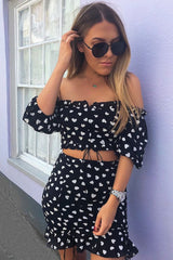 Black White Ruched Frill Heart Print Crop Top and Skirt Co-ord - Skyelar-Co-ords