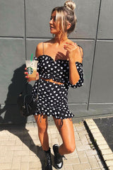Black White Ruched Frill Heart Print Crop Top and Skirt Co-ord - Skyelar-Co-ords