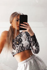 Black White Snake Print One Shoulder Long Sleeve Top - Kalaya-Crop Tops